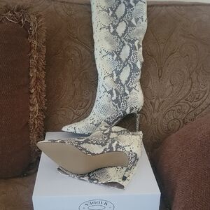 Steve Madden White and Gray Snake-Print Over-the-Knee Stiletto Boots